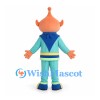 Alien Mascot Costume with Orange Head and Blue Uniform