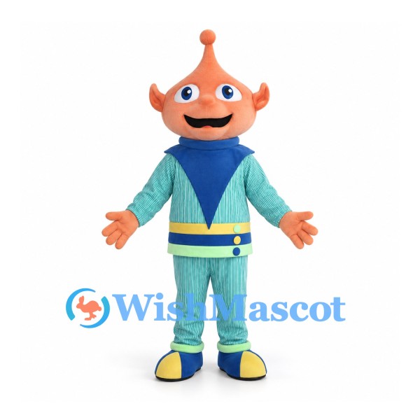 Alien Mascot Costume with Orange Head and Blue Uniform