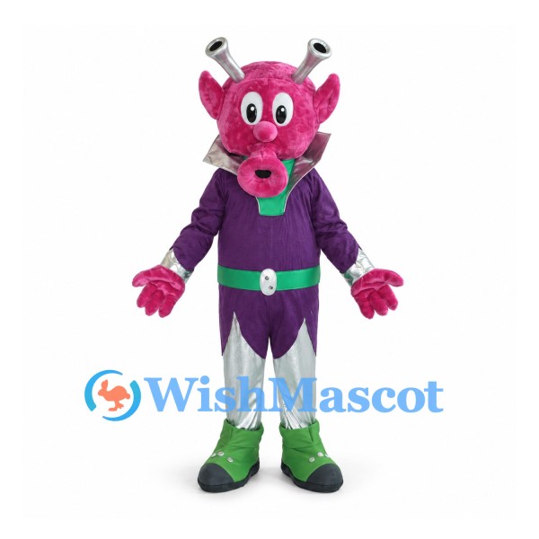Alien Mascot Costume in Pink with Purple and Silver Space Suit