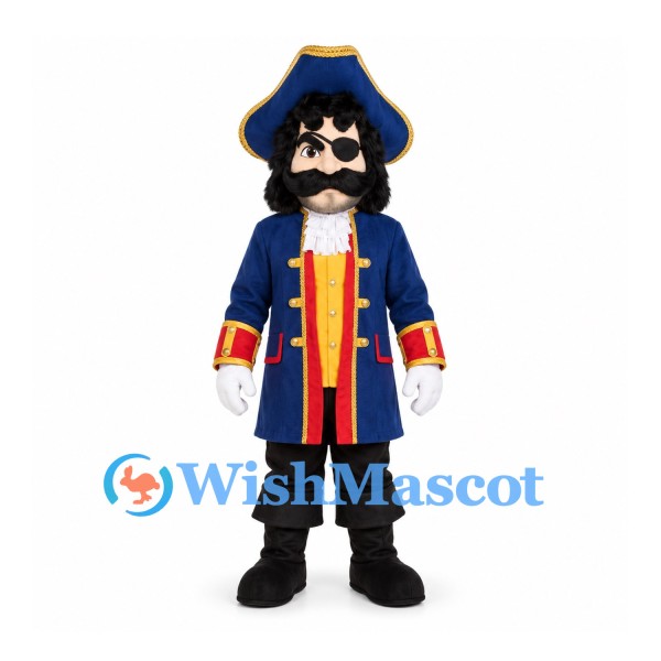 Pirate Captain Mascot Costume with Blue Coat and Tricorn Hat