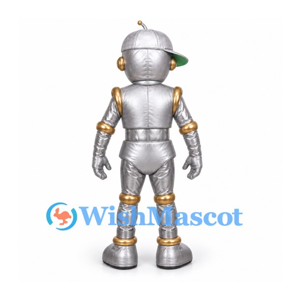Robot Mascot Costume in Silver with Gold Trim