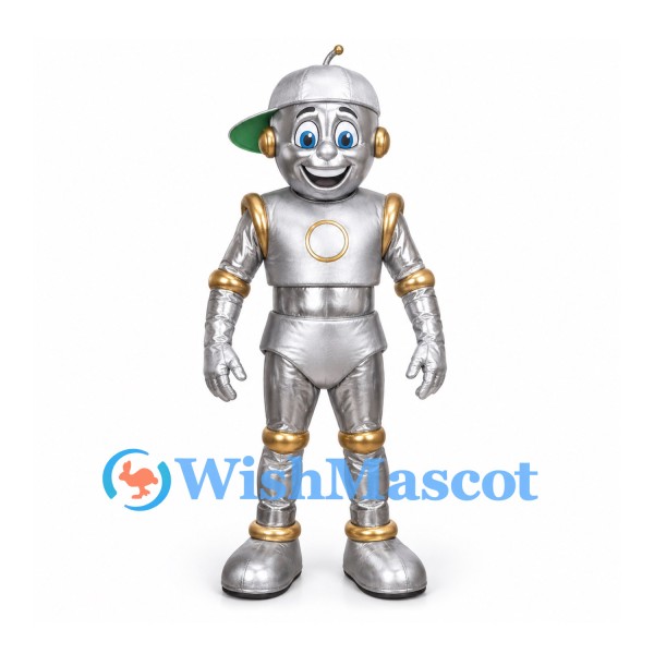 Robot Mascot Costume in Silver with Gold Trim