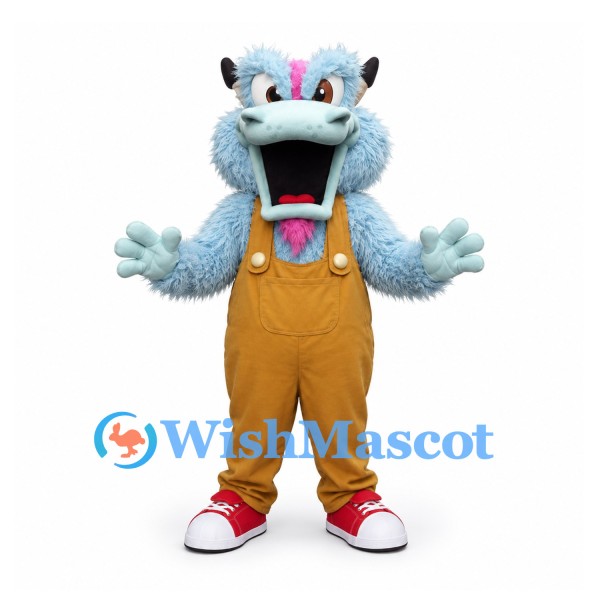 Monster Mascot Costume in Pale Blue with Yellow Overalls