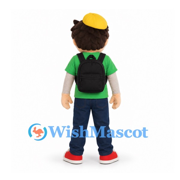 Schoolboy Mascot Costume with Green Shirt and Black Backpack