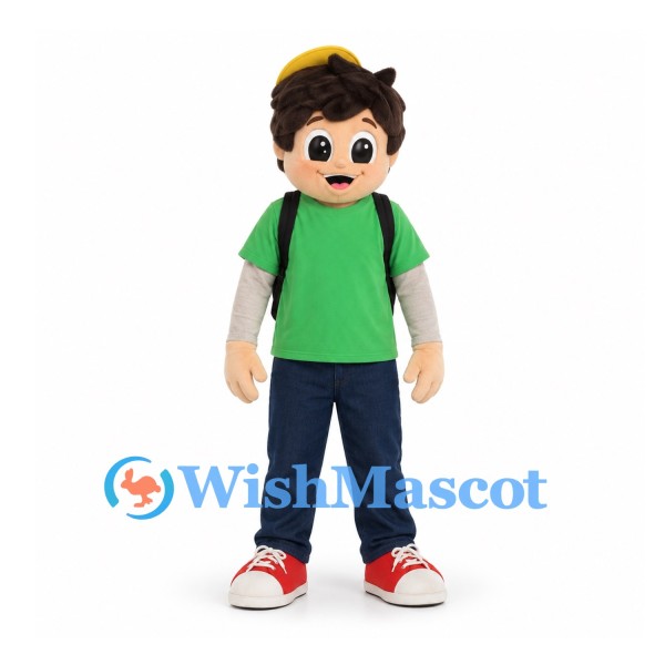 Schoolboy Mascot Costume with Green Shirt and Black Backpack