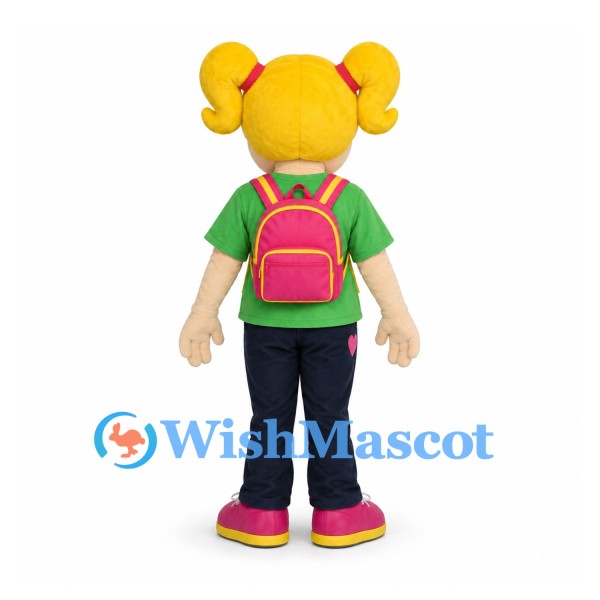 Schoolgirl Mascot Costume with Blonde Pigtails and Pink Backpack
