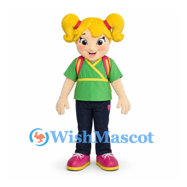 Schoolgirl Mascot Costume with Blonde Pigtails and Pink Backpack