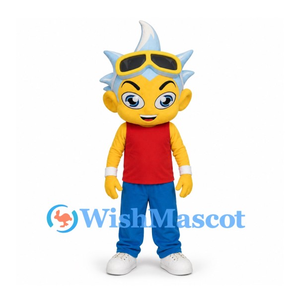 Boy Mascot Costume with Spiky Blue Hair and Yellow Goggles