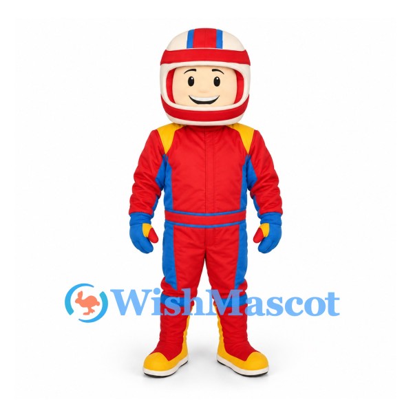 Racing Driver Mascot Costume with Red Helmet and Suit