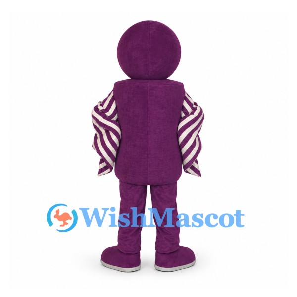 Purple Character Mascot Costume with Round Head and Striped Sleeves