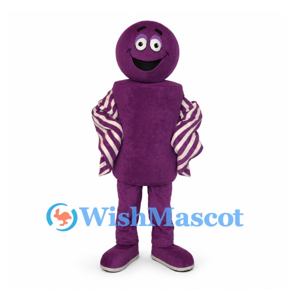 Purple Character Mascot Costume with Round Head and Striped Sleeves