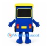Bus Mascot Costume in Blue and Yellow with Smiling Face