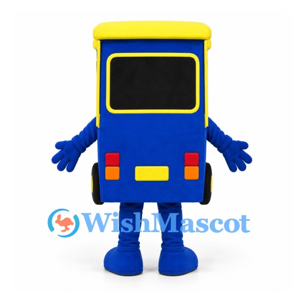 Bus Mascot Costume in Blue and Yellow with Smiling Face