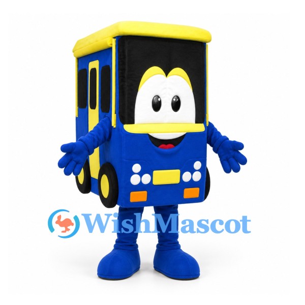 Bus Mascot Costume in Blue and Yellow with Smiling Face