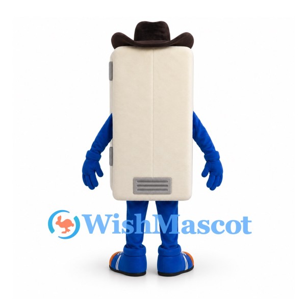 Refrigerator Mascot Costume with Brown Hat and Blue Limbs