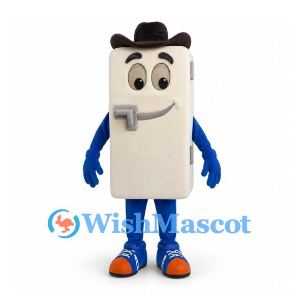 Refrigerator Mascot Costume with Brown Hat and Blue Limbs
