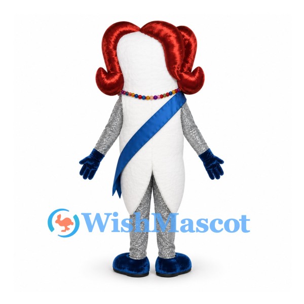 Tooth Mascot Costume with Red Hair and Blue Sash