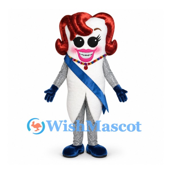 Tooth Mascot Costume with Red Hair and Blue Sash