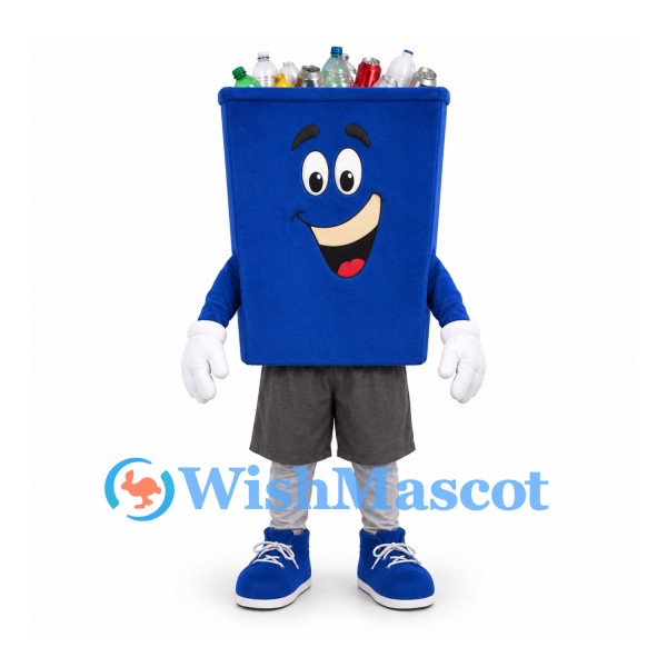 Recycling Bin Mascot Costume in Blue with Bottles and Cans