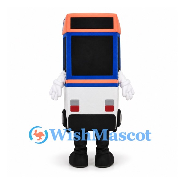 Bus Mascot Costume in Blue and White with Orange Roof