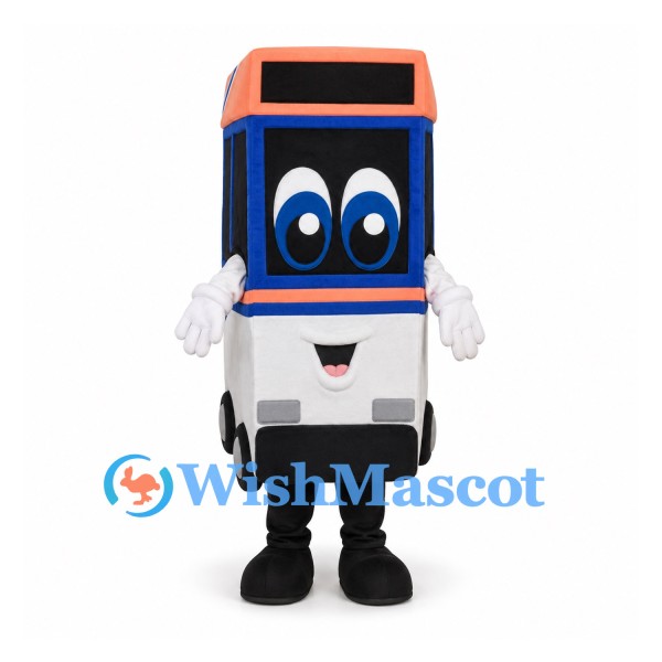 Bus Mascot Costume in Blue and White with Orange Roof