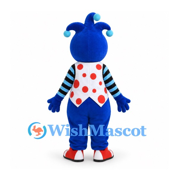 Jester Mascot Costume with Blue Hat and Polka Dot Vest