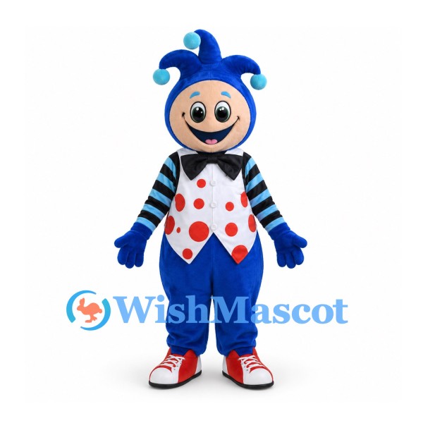 Jester Mascot Costume with Blue Hat and Polka Dot Vest