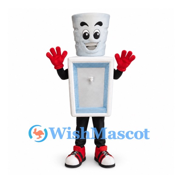 Water Dispenser Mascot Costume with White Cup Head and Blue Panel