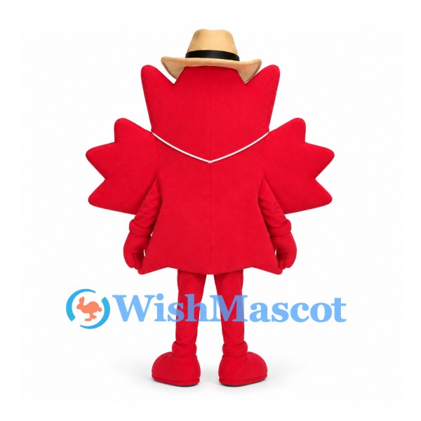 Maple Leaf Mascot Costume with Tan Hat and Red Hoodie