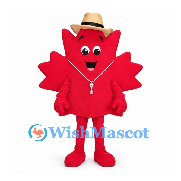 Maple Leaf Mascot Costume with Tan Hat and Red Hoodie