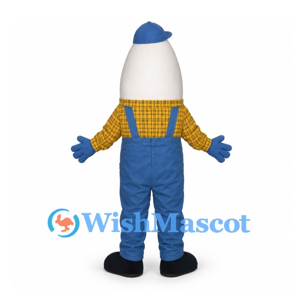 Egg Farmer Mascot Costume with Blue Overalls and Cap