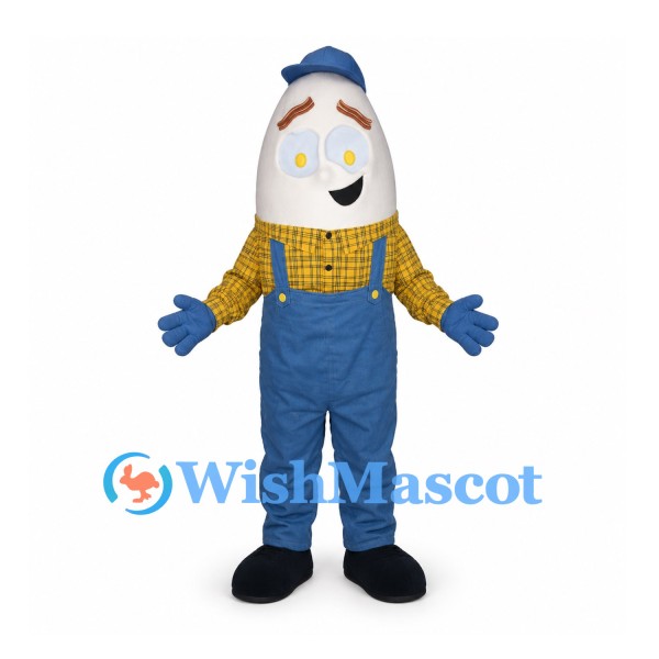 Egg Farmer Mascot Costume with Blue Overalls and Cap