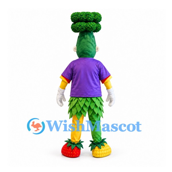 Broccoli Mascot Costume with Purple Shirt and Leaf Skirt