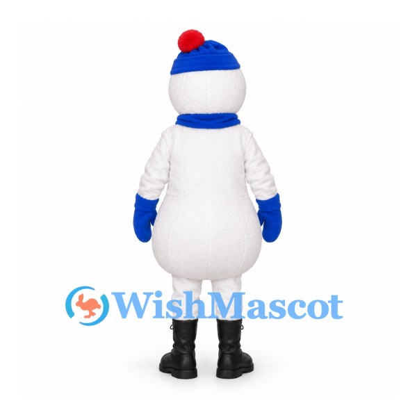 Snowman Mascot Costume with Blue Hat and Scarf