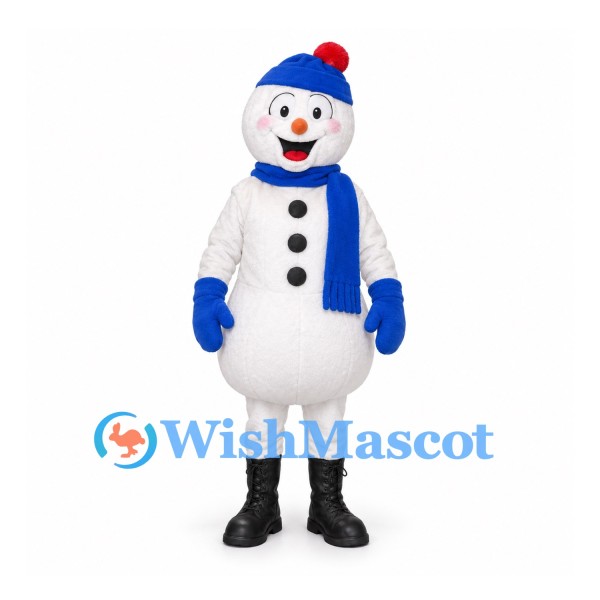Snowman Mascot Costume with Blue Hat and Scarf