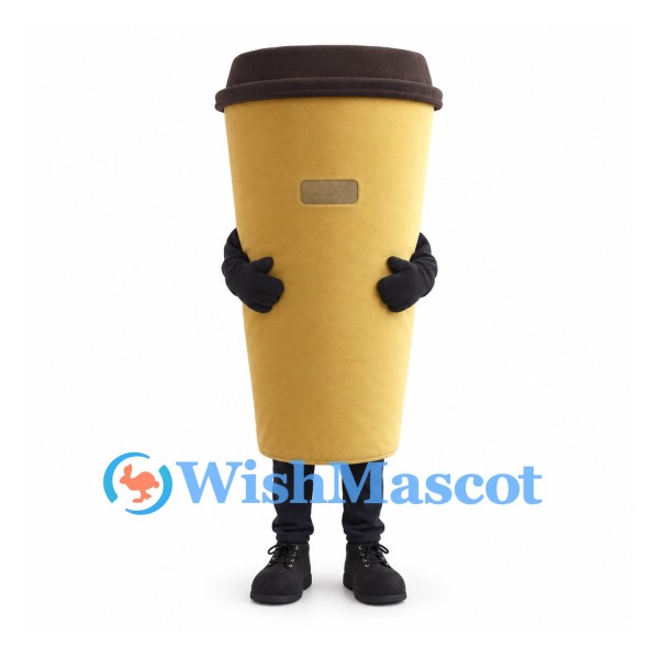 Coffee Cup Mascot Costume in Tan with Brown Lid