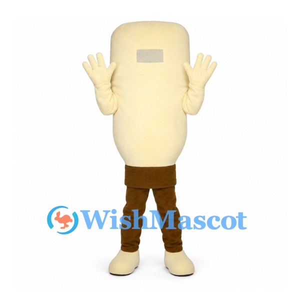 Cream Character Mascot Costume with Rounded Rectangular Body and Brown Pants