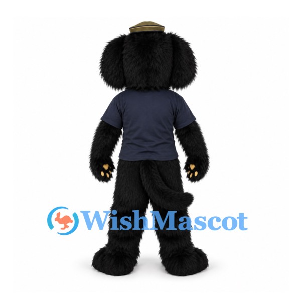 Black Dog Mascot Costume with Navy Shirt and Brown Cap