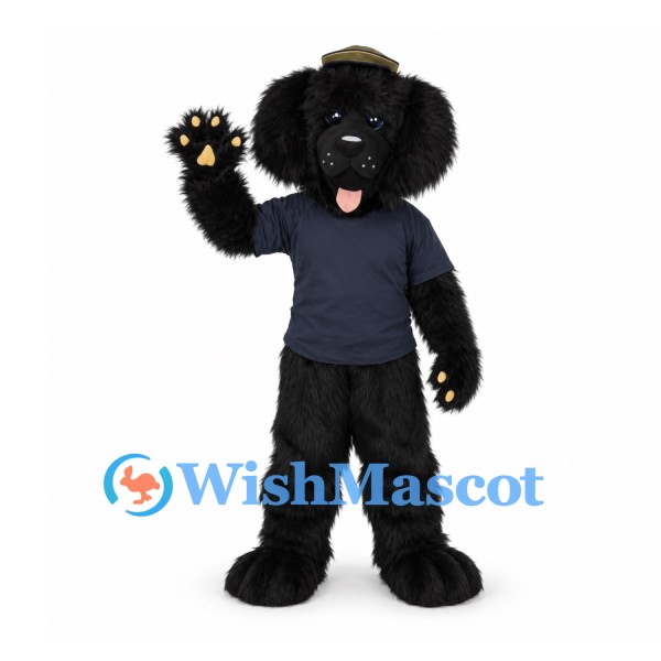Black Dog Mascot Costume with Navy Shirt and Brown Cap
