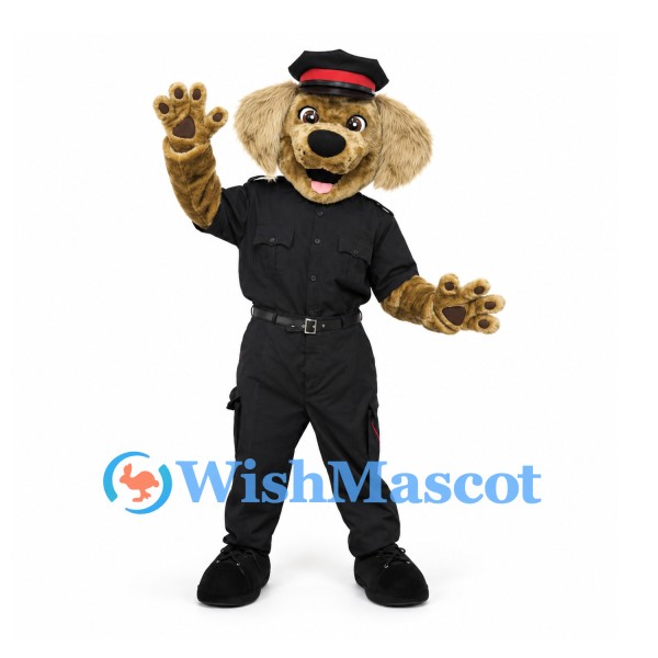 Dog Mascot Costume with Black Uniform and Red Trim Cap