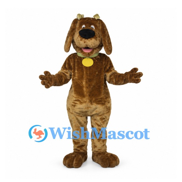 Dog Mascot Costume in Brown with Green Collar and Gold Tag