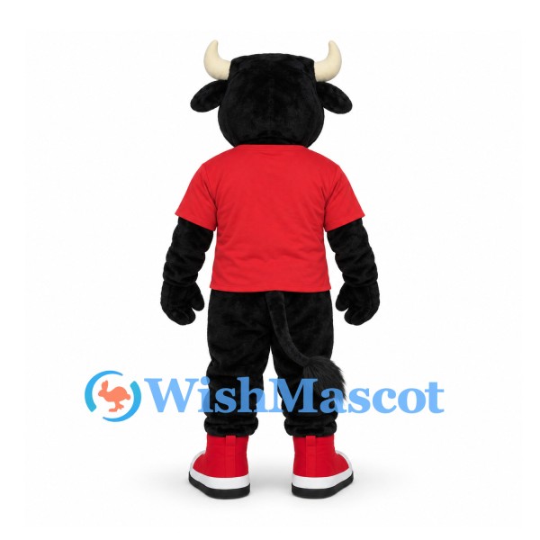 Bull Mascot Costume in Black with Red Shirt and Blue Muzzle