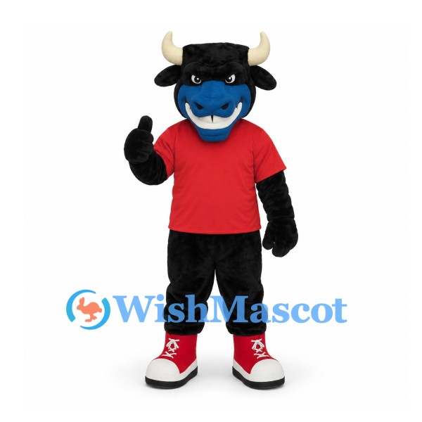 Bull Mascot Costume in Black with Red Shirt and Blue Muzzle