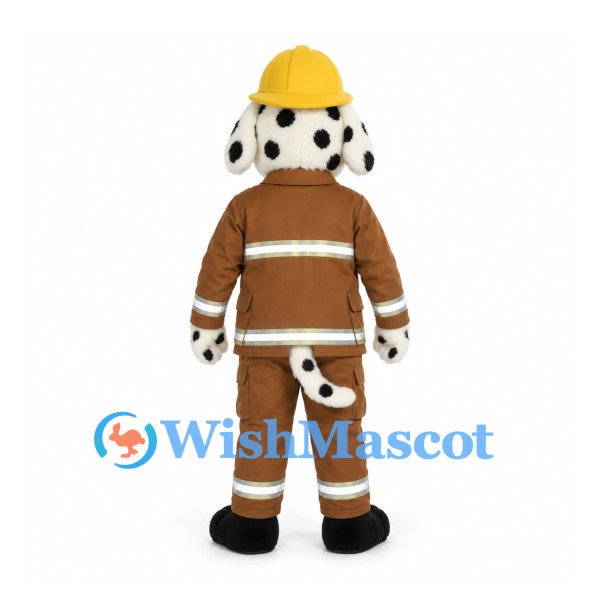 Dalmatian Firefighter Mascot Costume with Brown Suit and Yellow Helmet