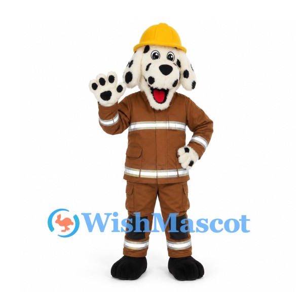 Dalmatian Firefighter Mascot Costume with Brown Suit and Yellow Helmet