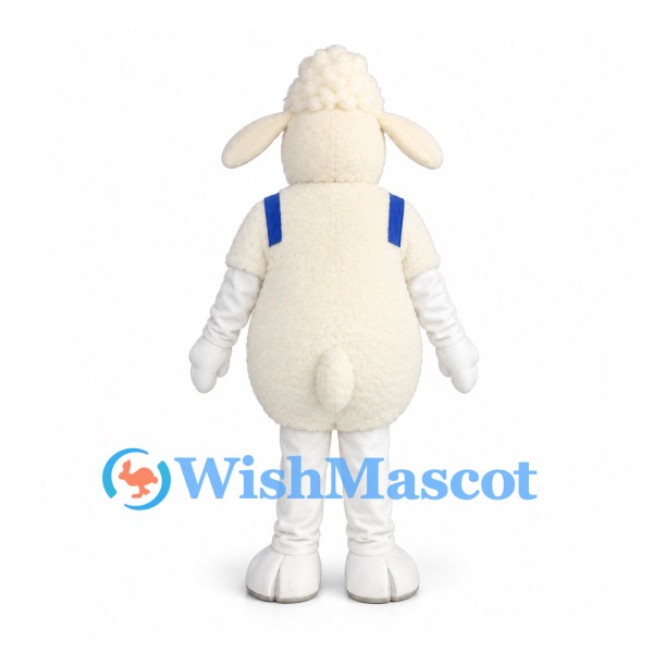 Sheep Mascot Costume in Cream with Blue Straps and Long Muzzle