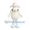 Sheep Mascot Costume in Cream with Blue Straps and Long Muzzle