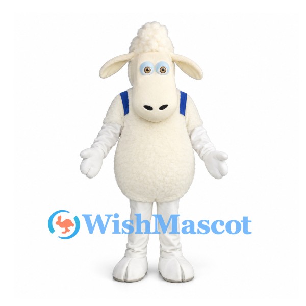 Sheep Mascot Costume in Cream with Blue Straps and Long Muzzle