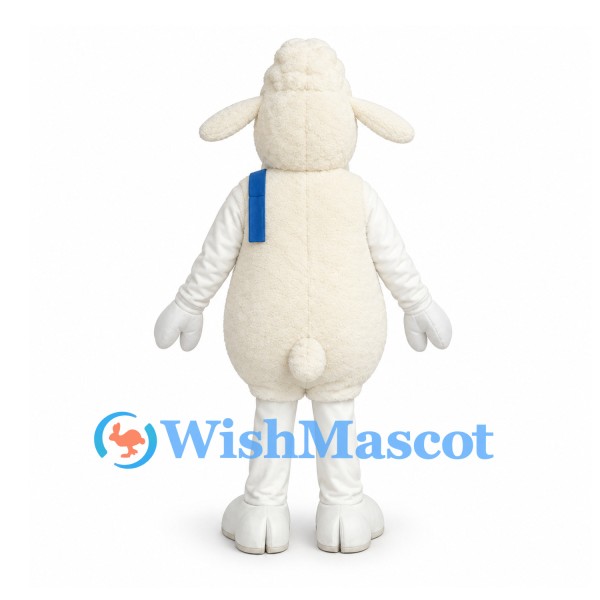 Sheep Mascot Costume in Cream with Blue Shoulder Straps