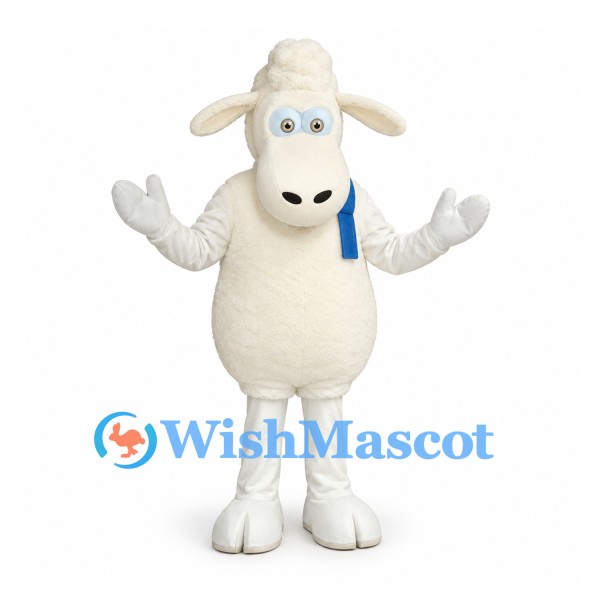 Sheep Mascot Costume in Cream with Blue Shoulder Straps